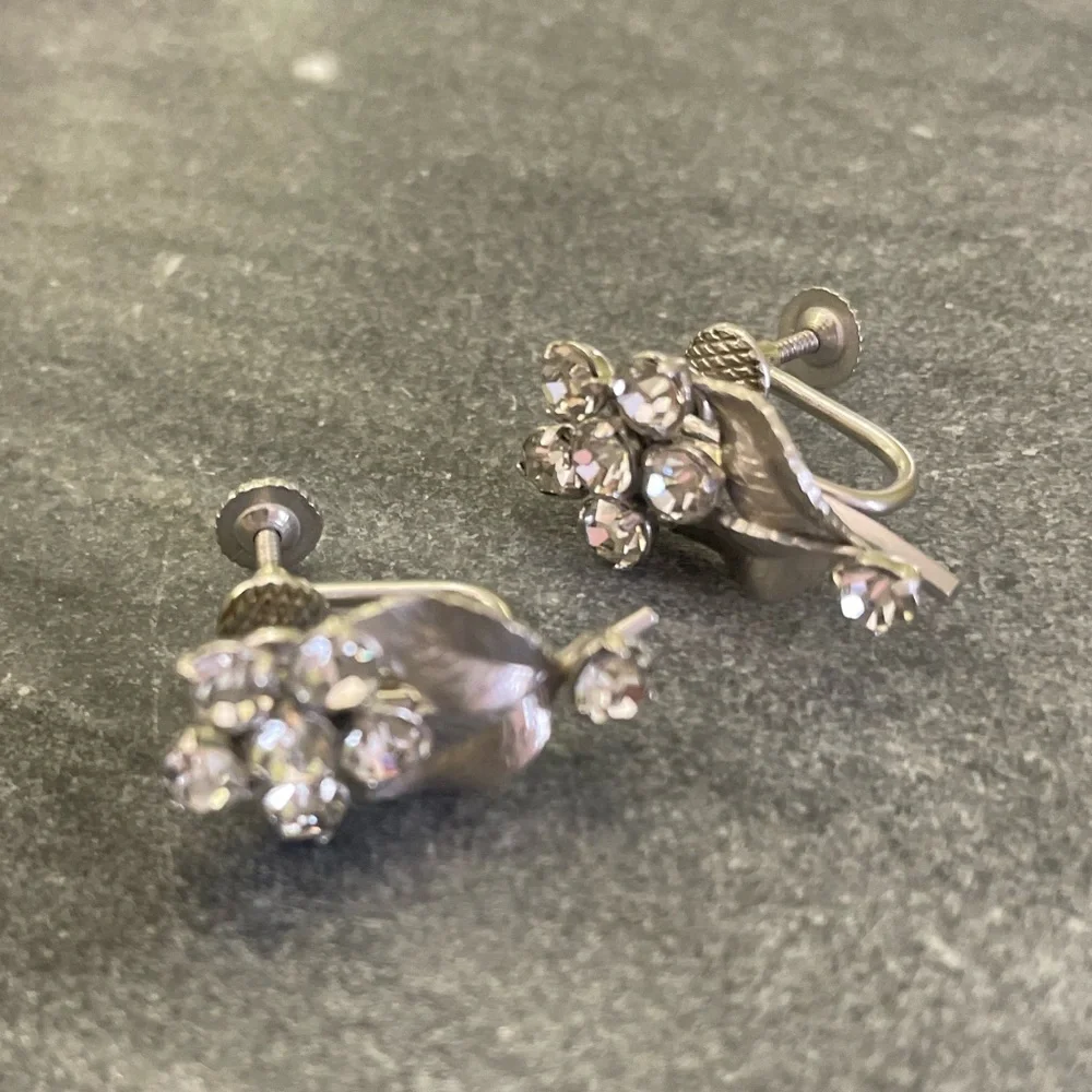 Vintage Silver Flower Crystal Clip-On Earrings
